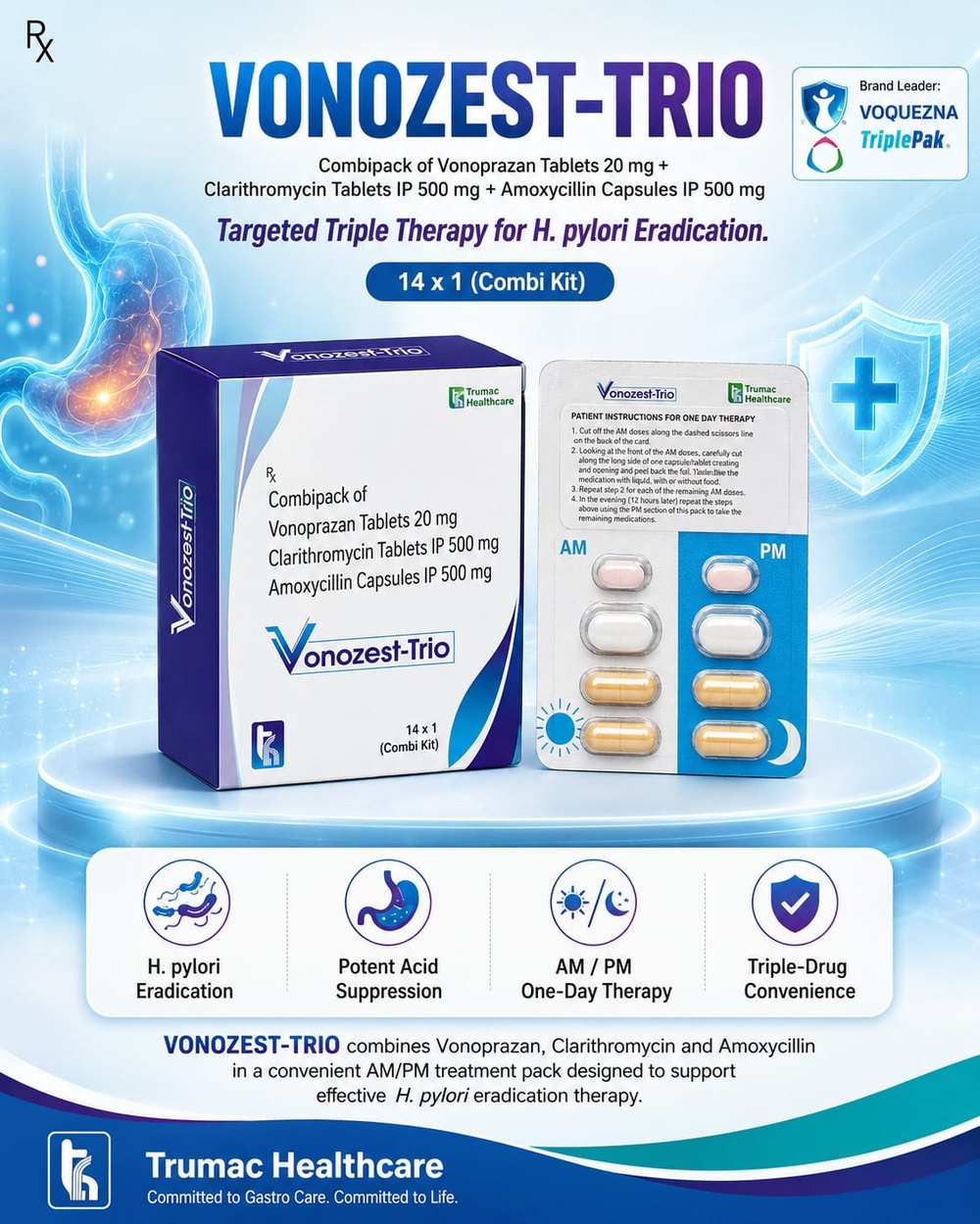 Vonozest-Trio 14 x 1 Combikit carton and AM/PM blister — Vonoprazan 20 mg Tablets + Clarithromycin 500 mg Tablets + Amoxycillin 500 mg Capsules, H. pylori eradication kit from Trumac Healthcare, PCD Pharma Franchise and Third Party Manufacturing India